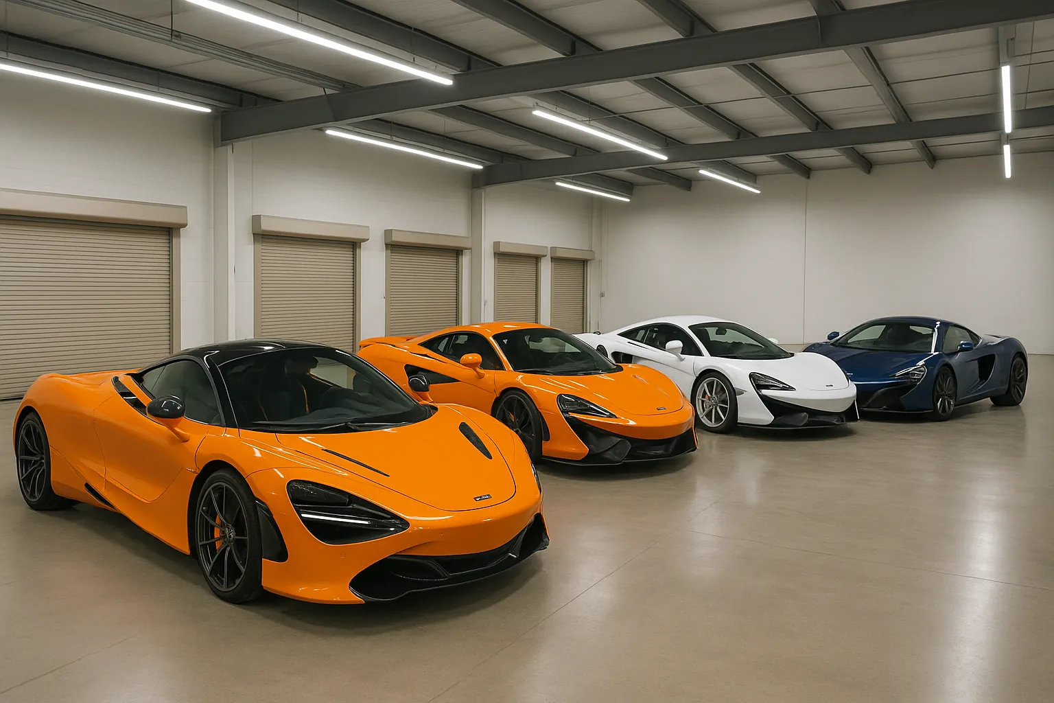 Four McLarens lined up inside the March Motorsports storage facility, led by a papaya 720S