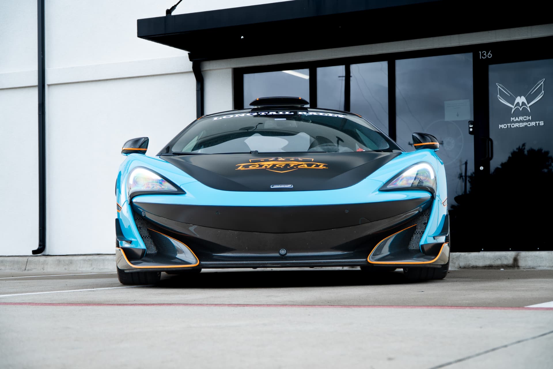 McLaren 600LT Longtail Rally head-on outside the March Motorsports shop
