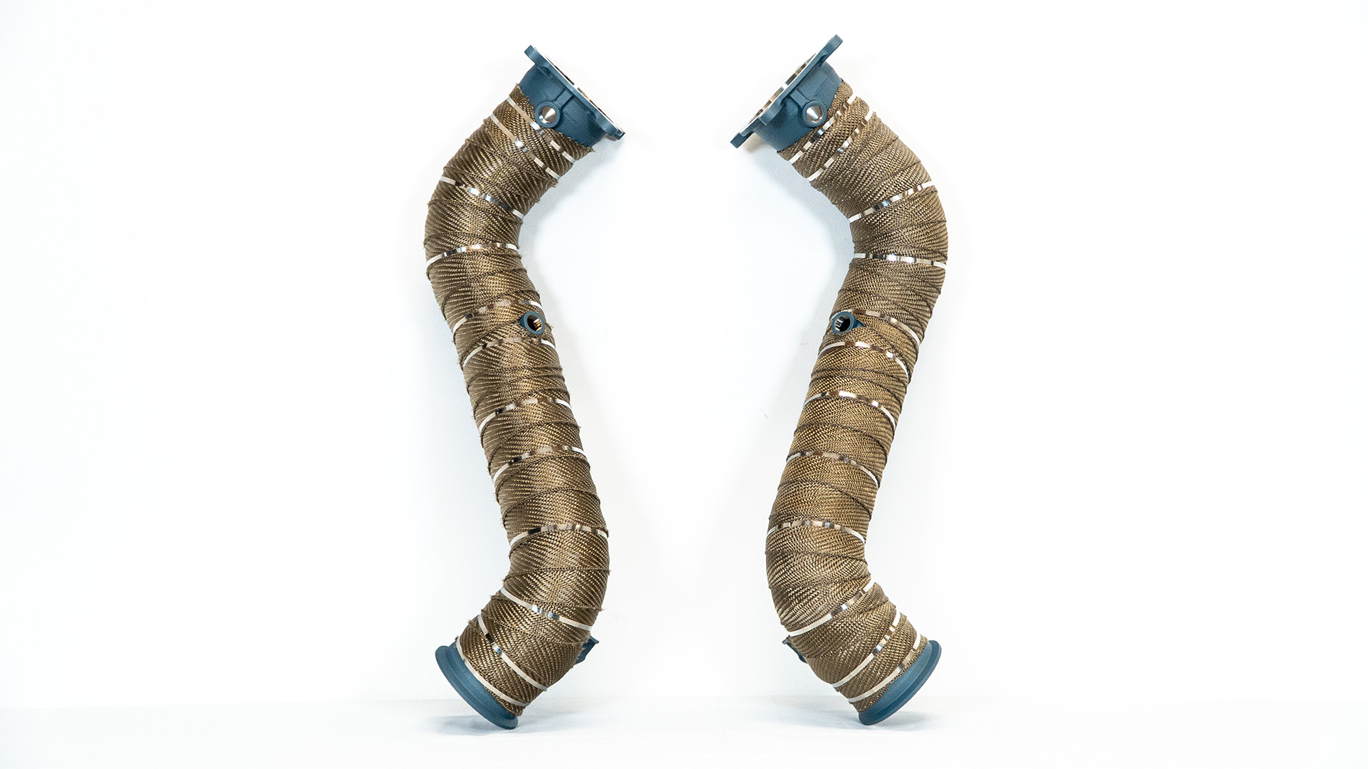 Pair of heat-wrapped Unobtanium high-flow downpipes for the McLaren 720S