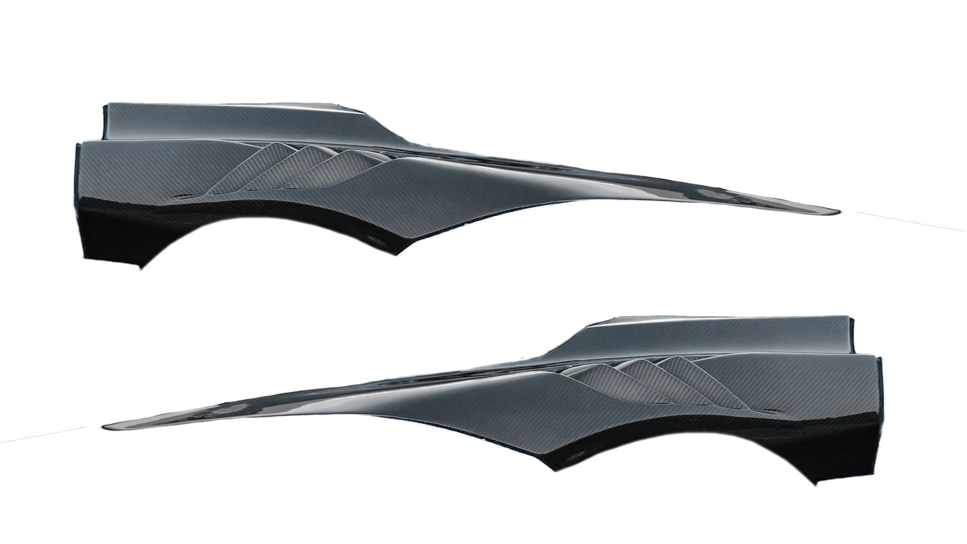 Pair of glossy carbon fiber front fenders with louvres on a white studio background