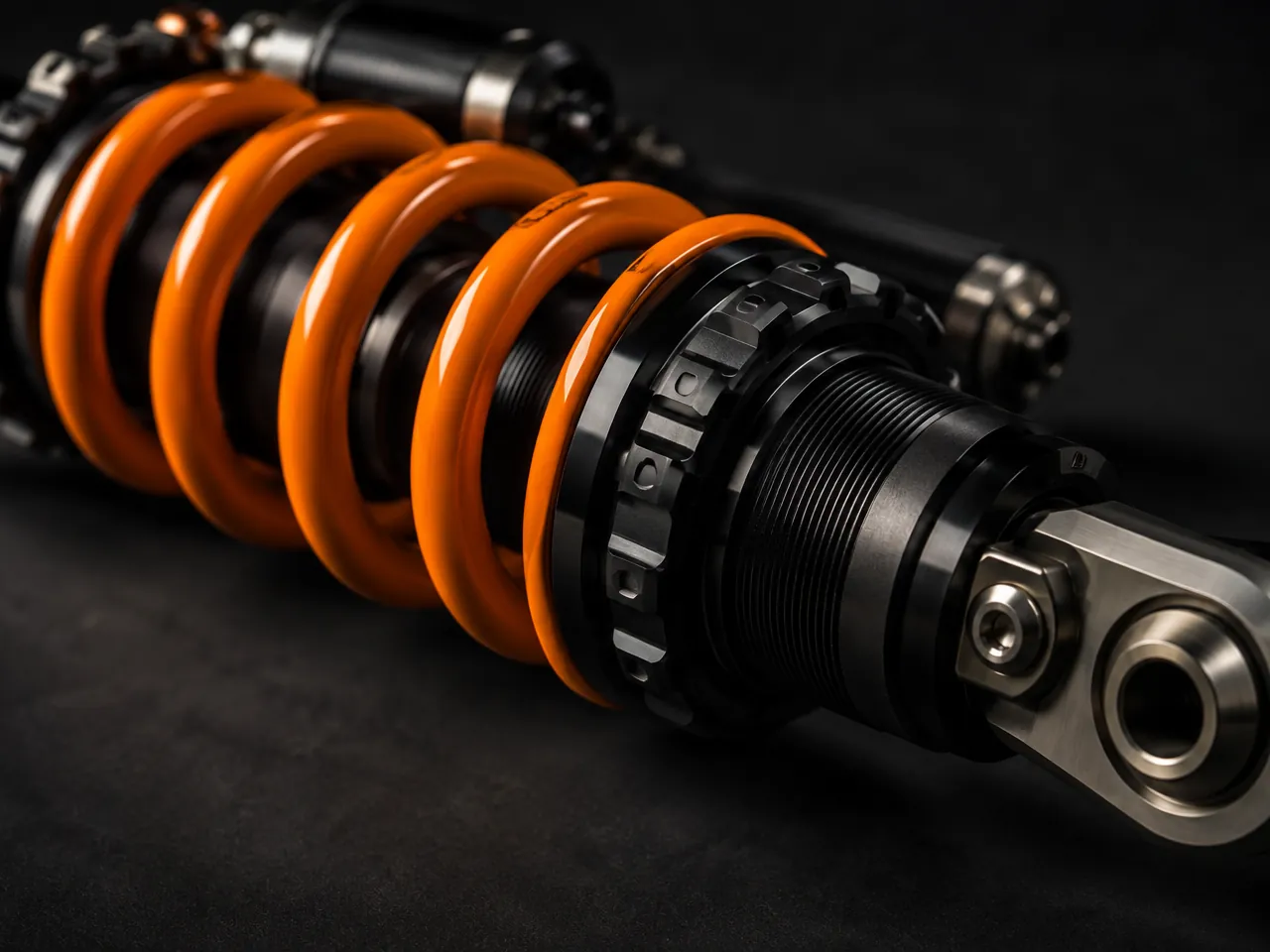 Macro shot of a motorsport coilover damper with a papaya spring on a dark studio background