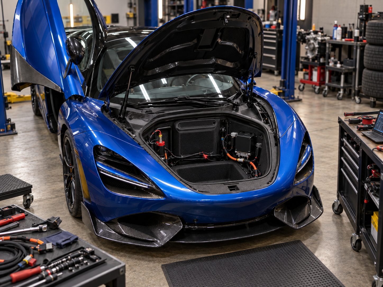 Front boot open on a blue McLaren 720S in the shop with the battery and electronics exposed