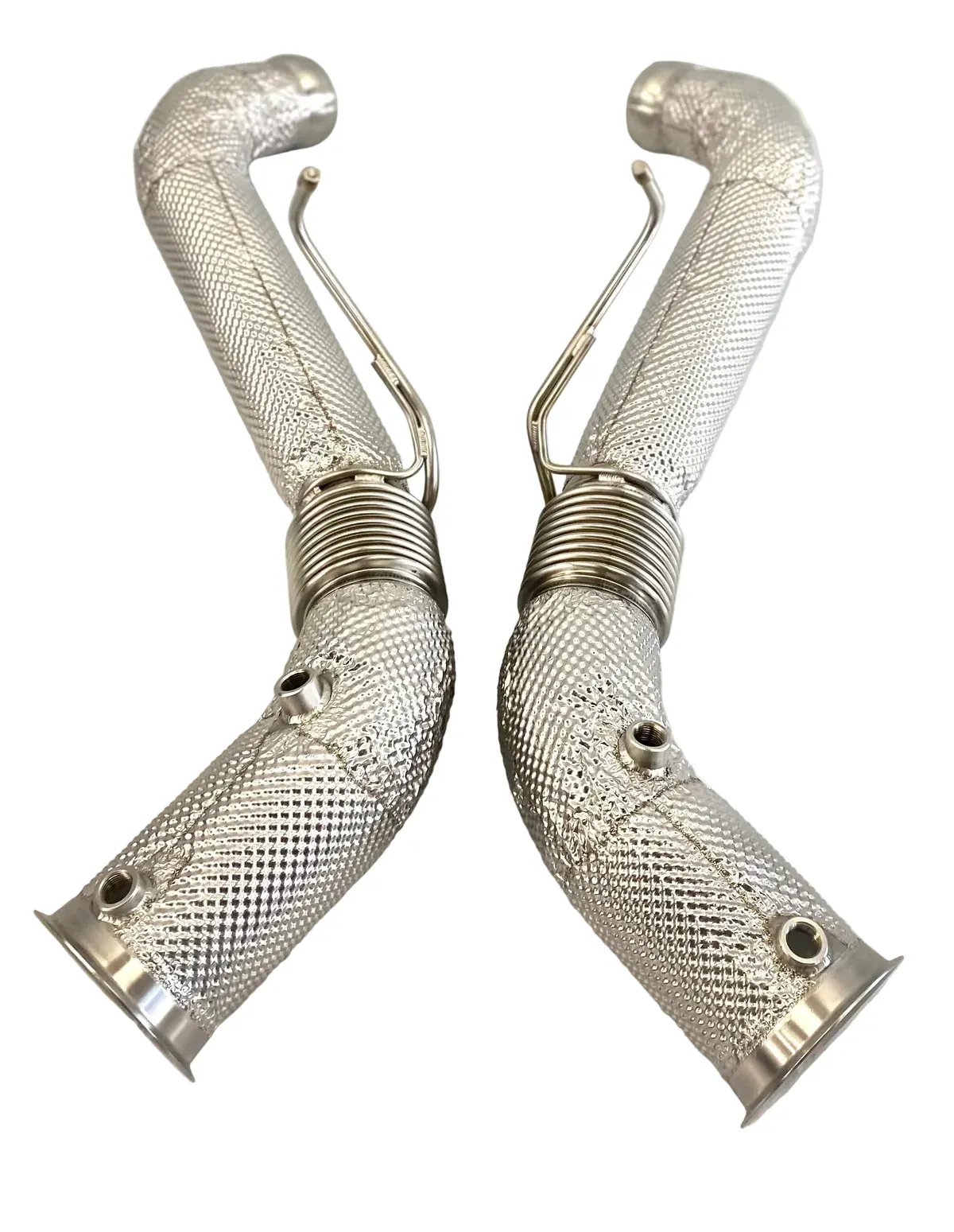 Pair of heat-wrapped Unobtanium high-flow downpipes for the McLaren 750S