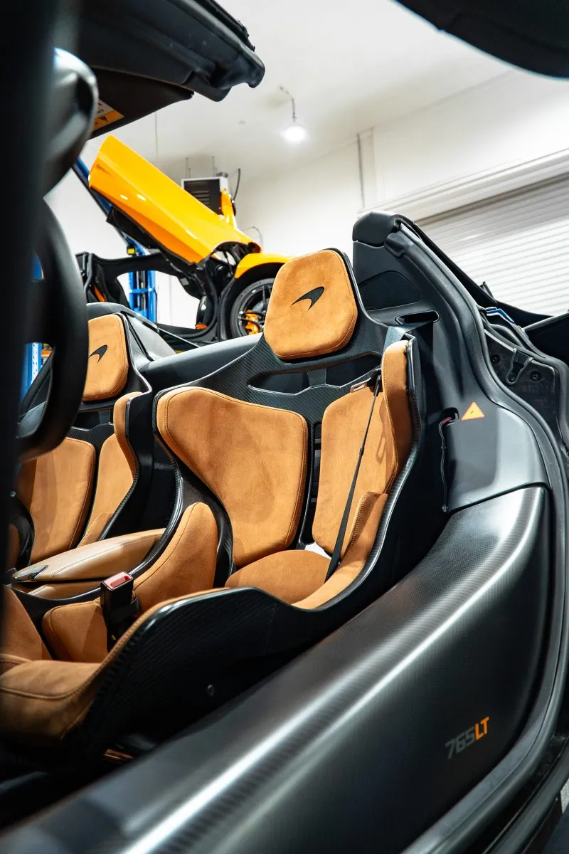 Tan Senna seats and carbon tub of a McLaren 765LT inside the March Motorsports workshop