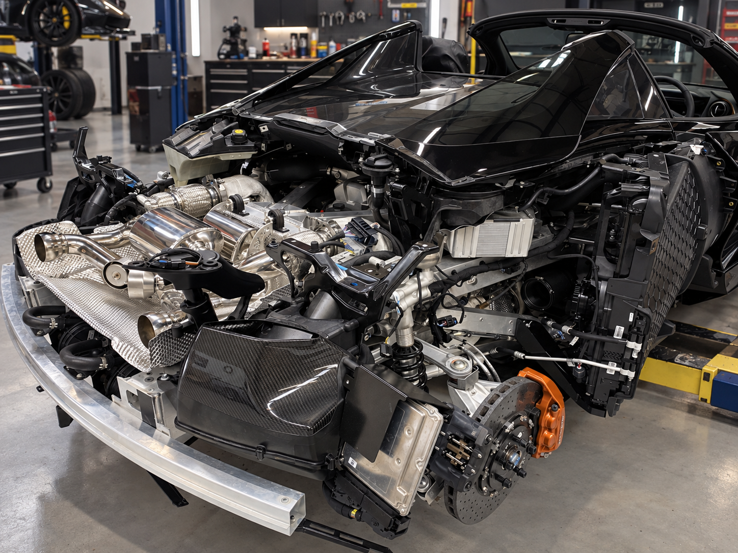 McLaren powertrain and rear structure on a rolling chassis in the March Motorsports workshop