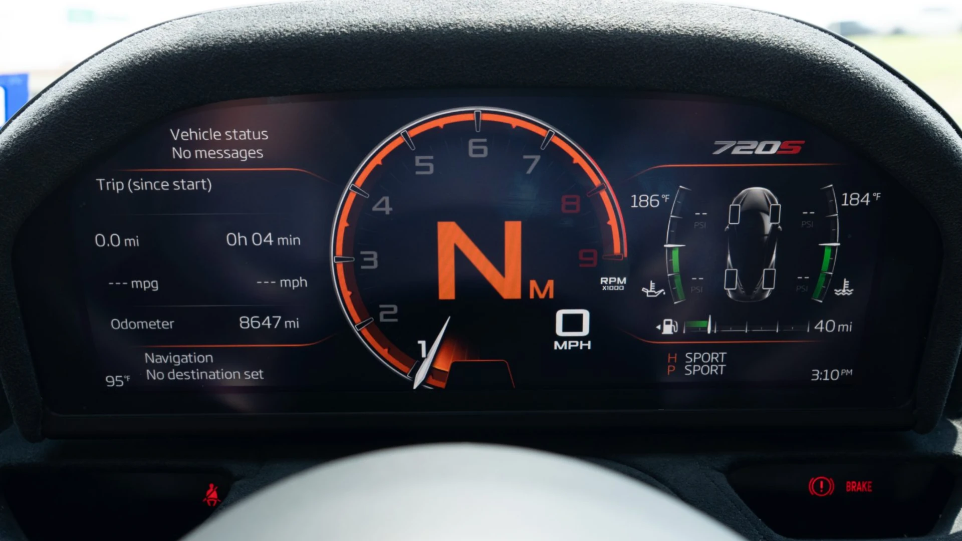 720S instrument cluster during a McLaren diagnostic session at March Motorsports in Carrollton, Texas