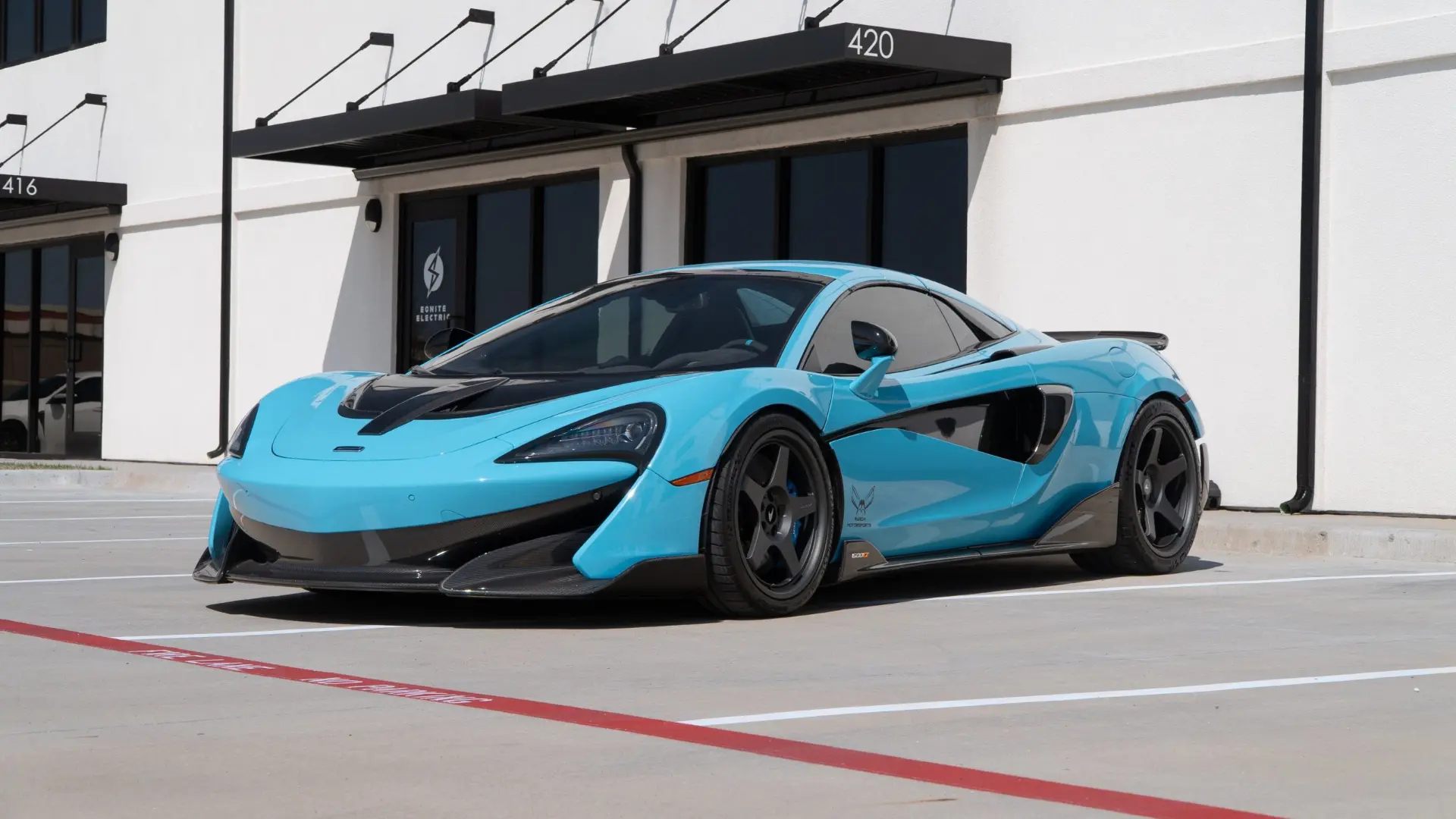 Teal McLaren 600LT at the March Motorsports shop
