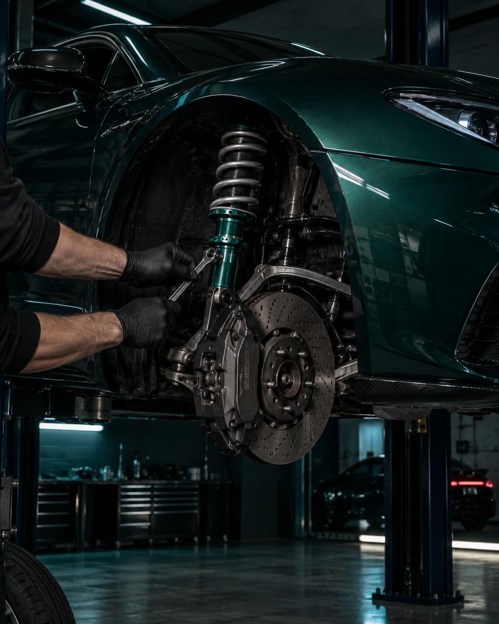 Close-up of Aston Martin suspension components